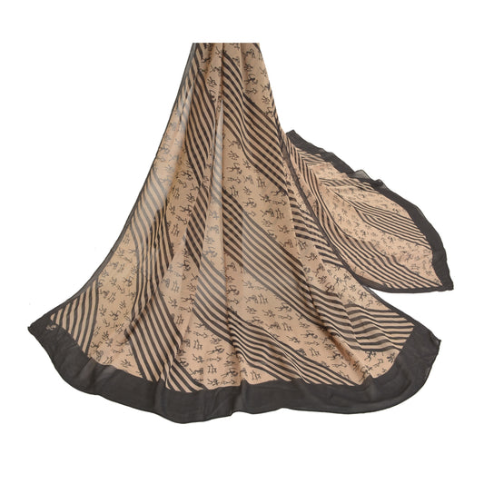 Sanskriti Vintage Dupatta Long Stole Georgette Bege Warli Printed Wrap Scarves